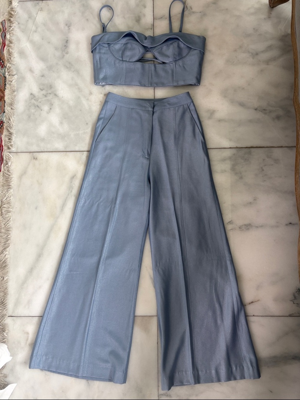 Sabina Musayev Light Blue Bustier Crop Top & Wide-Leg Pants Set💙